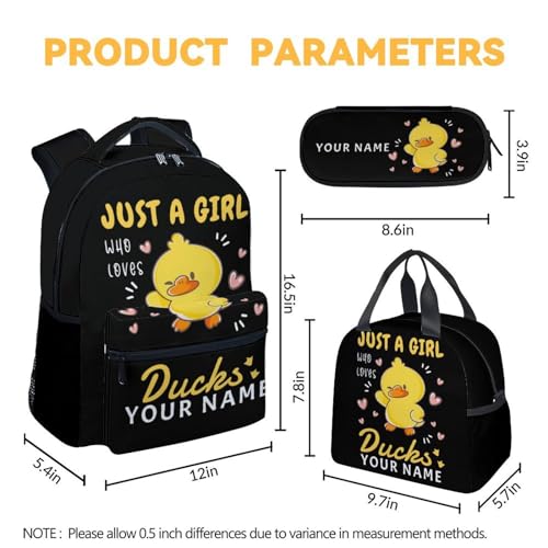 Custom Duck Kids Backpack with Lunch Box, Set of 3 School Backpacks Matching Combo, Cute Black Bookbag and Pencil Case Bundle4
