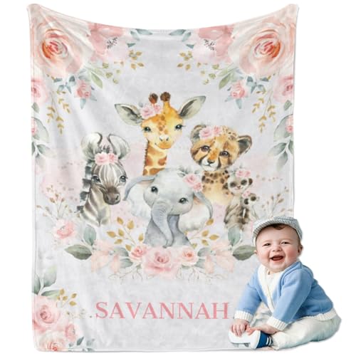 Image of BEonCzx Custom Baby Blanket with Name, Personalized Animal Baby Blanket for Girls, Personalized Baby Clothes for Newborn Birthday, Gifts for New Mom, Blankets Swaddles in Toddler Shower Items