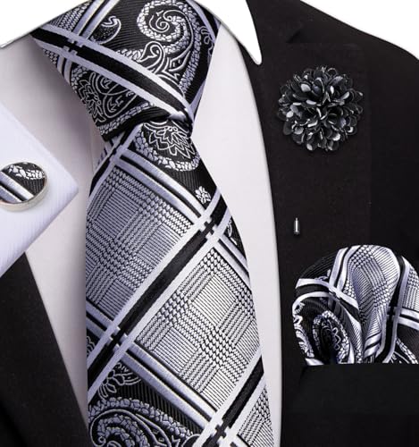 Image of Dubulle Mens Tie and Lapel Pin Paisley Striped Floral Necktie for Men Pocket Square Cufflinks 4PCS Set Wedding Party