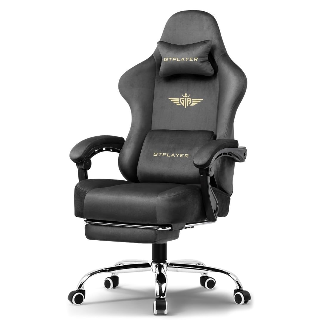 GTPLAYER "Silken Gaming Chair with Footrest, Pocket Spring Cushion & Breathable Fabric, Ergonomic Office Chair with Tailored Back Support, 1 Year Warranty (Velvet Grey)