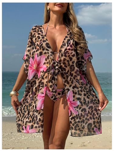 MakeMeChic Women's Maternity Swimsuits 3 Piece Bikini Set Cheetah Print Floral Halter Top with Kimono4