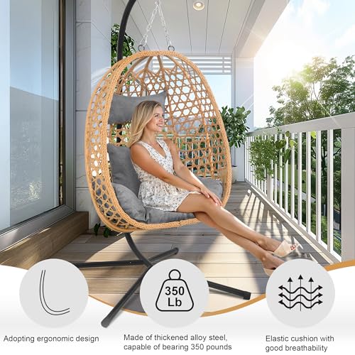 Image of Outdoor Hanging Egg Chair with Stand,Patio Rattan Hammock Chair,Grey