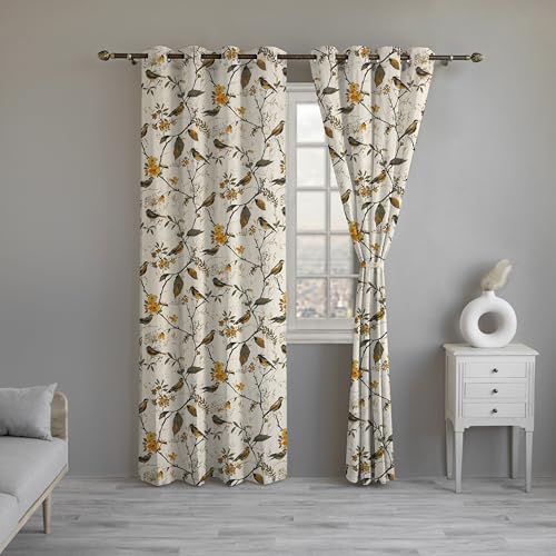 Image of LINENWALAS Decorative Printed Cotton Semi Sheer Curtains 6 Feet Long Set of 2 Panel, Eyelet Ring Hanging, Bird Printed Window Curtains for Living Room, Home Decor (L-6 x W-4.5 Feet, Birdie Bliss)