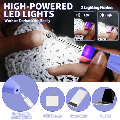 Image of Light Up Crochet Hook Set with 12 Sizes, Lighted Everything Counting Kit | Digital stitch & row counter, dual ergonomic handles, reinforced connection, bag, organizer and 1-year warranty