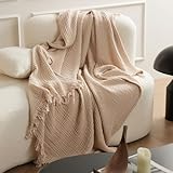 AMWAN 100% Cotton Throw Blanket for Couch Pink, 4 Layer Muslin Cooling Blanket with Tassels, Lightweight for Summer, Comfy for All Seasons, Soft Gauze (51