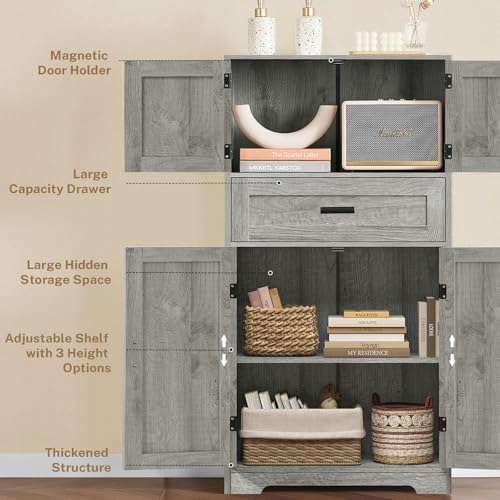 Tall-Storage-Cabinet-with-Adjustable-Shelf-Large-Drawer-Bathroom-Cabinet-with-Doors-Kitchen-Cabinet-Cupboard-Floor-Cabinet-for-Dining-Room-Living-Room-Home-Office-Entryway-Gray Tall Storage Cabinet with Adjustable Shelf Large Drawer Bathroom Cabinet with Doors Kitchen Cabinet Cupboard Floor Cabinet for Dining Room Living Room Home Office Entryway Gray