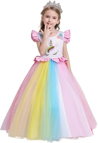 Miniatura 7 de IZKIZF Vestido largo de noche de tul para niñas, unicornio, arcoíris, princesa, fiesta de cumpleaños, carnaval, cosplay, vestido largo de tul