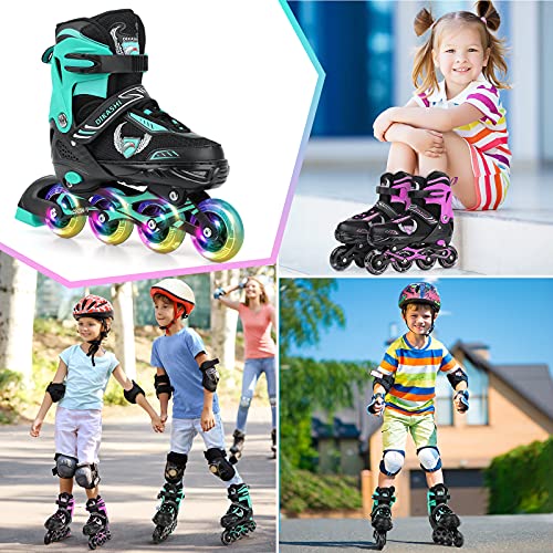 Inline Skates for Kids, GIEMIT Adjustable Roller Skates for Girls Boys Women Teen Beginners with Light Up Wheels for Outdoor Indoor Skating (Light Green, Medium)
