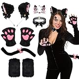6 Pièces Ensemble Déguisement de Chat pour Femme, Peluche Chat Costumes Accessoires Set avec Oreilles Serre-tête Pattes Gants Jambières Autocollant Collier Queue pour Adultes Carnaval Halloween