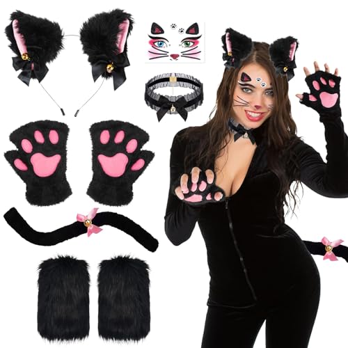 6 Pièces Ensemble Déguisement de Chat pour Femme, Peluche Chat Costumes Accessoires Set avec Oreilles Serre-tête Pattes Gants Jambières Autocollant Collier Queue pour Adultes Carnaval Halloween