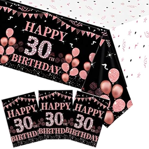 Xiliconie 3PCS Happy 30th Birthday Tablecloth Decorations for Girls Women Black and Rose Gold 30 Year Old Birthday Party Supplies Disposable Plastic Rectangular Table Cloth Cover