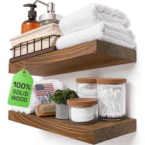 BAOBAB WORKSHOP Wood Floating Shelves for Wall - Wooden Floating Shelf 16 Inch - Rustic Bathroom Shelves for Room Wall for Kitchen Bedroom Living Room Farmhouse - Walnut Finish, 16″W × 6.7″D, Set of 2