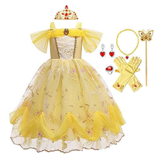 MYRISAM Filles Princesse Belle Robe de Carnaval Hors Épaule Costume de la Beauté et la Bête Halloween Déguisements Cosplay Cérémonie Anniversaire + Accessoires 9-10 ans