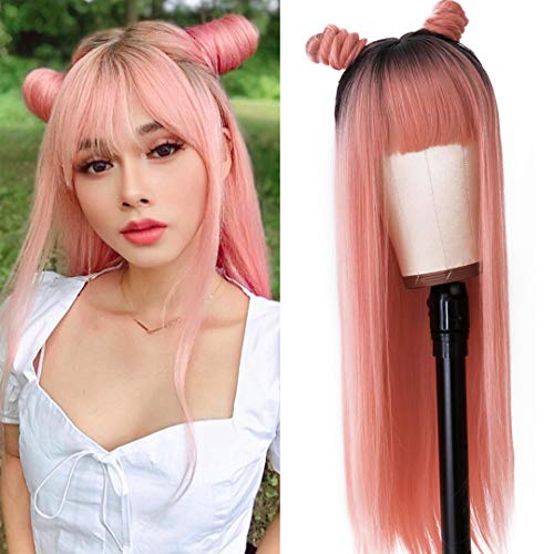 Friya Wigs With Bangs Pink Straight Wig For Women Synthetic Fiber Hair Dark Root Ombre Lovely Pink Glueless No Lace Silk Wig 24