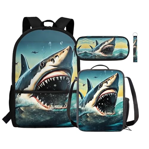 Zaino per bambini borsa termica per il pranzo portapenne astuccio da polso con cordino e portachiavi set 4 in 1 per il rientro a scuola Squalo fresco. Taglia unica Zaini Daypack