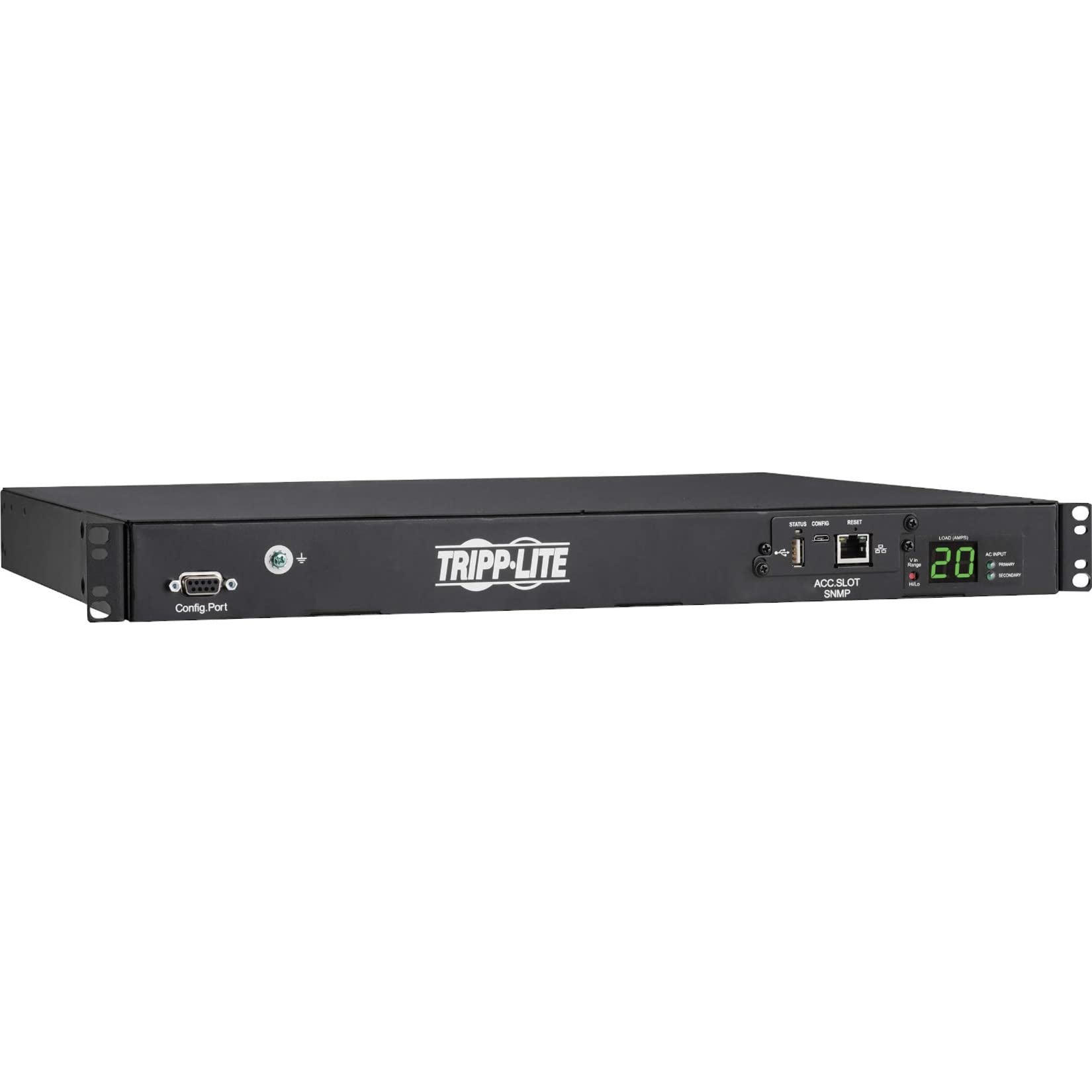 Tripp Lite Metered PDU, Auto-Transfer Switch (ATS), Network Card WEBCARDLX, 20A, 200-240V, 3.8kW - 8 C13 Outlets & 2 C19 Outlets, Dual C20 12ft Input Cords - 1U RM, 2 Year Warranty (PDUMNH20HVAT1)