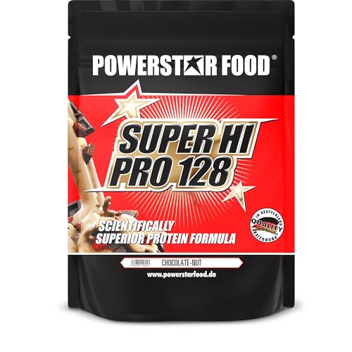 Powerstar SUPER HI PRO 128 | Mehrkomponenten Protein-Pulver Chocolate-Nut 1kg | Höchstmögliche Verwertbarkteit| Eiweiß-Pulver mit 79% Protein i.Tr. | Protein-Shake zum Muskelaufbau