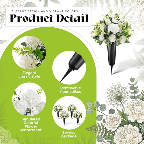 Image of 4 Set Christmas Cemetery Flowers for Grave White Artificial Peony with Vase