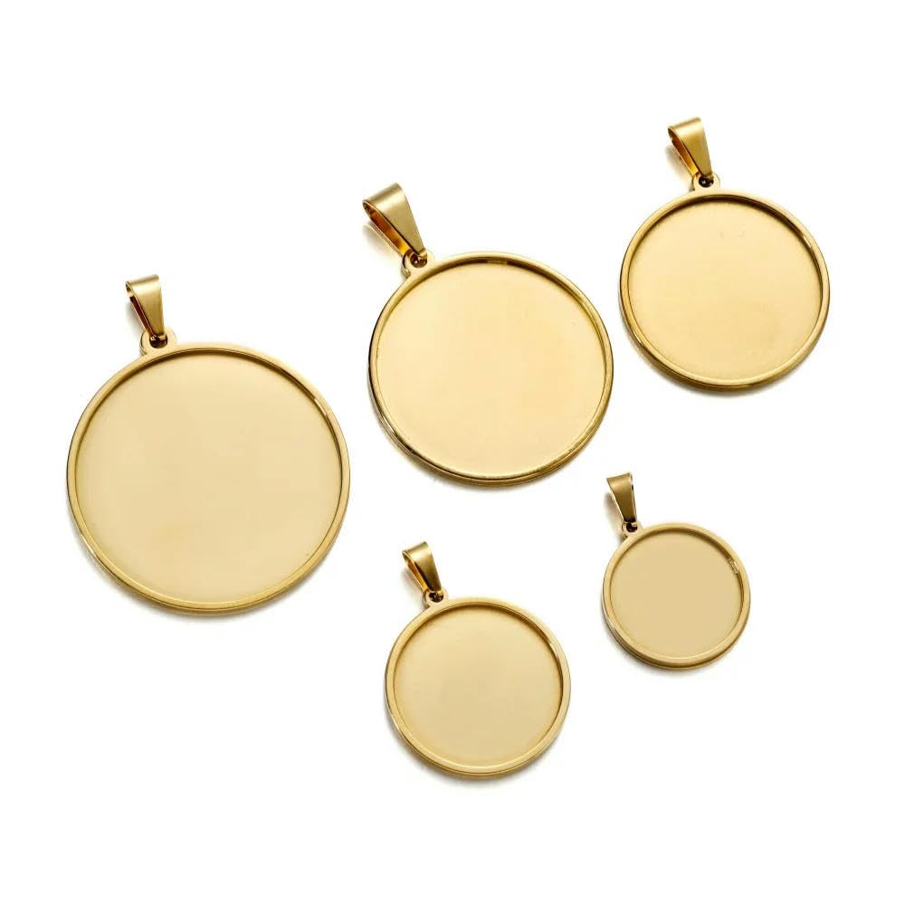 GENPICONG 5pcs Gold Stainless Steel Bases 20/25/30/35/40mm Cabochon Cameo Base Tray Bezel Blank Necklace Pendant For DIY Jewelry Making