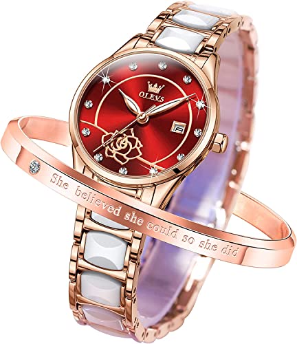 Image of OLEVS Women's Wristwatch, Fashionable, Easy to Read Japanese Movement, Popular, Cute, Date, Luminous, Waterproof, Valentine's Day Gift, wine red - 3606