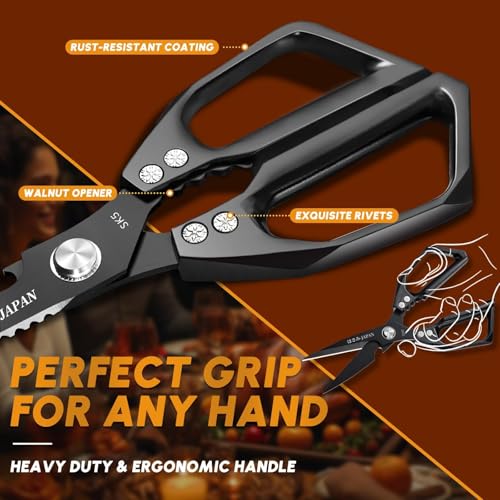 HUUSK Kitchen Scissors Set Black - Upgraded Stainless Steel Kitchen Shear, Sharp Meat Scissors, Heavy Duty Poultry Shears, Japanese Cooking Scissor for Food, Dishwasher Safe Christmas Gifts for Women - Thumbnail 4