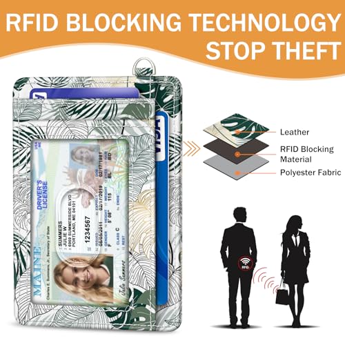 Image of Yonlevres Tropical Leaf Credit Card Holder Slim RFID Wallet Women Small | Front Pocket, Handy, RFID Blocking, Woman Girls Ladies Gifts, D-ring for Keychain,Thin Mini Card Case, ID Window, PU Leather