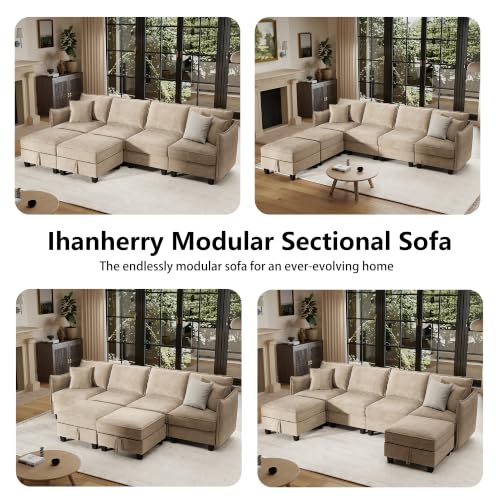 Image of Ihanherry 112 inch Modular Sectional U-Shaped Sofa, Modern 6-Seat Cloud Couch with 2 Storage Ottomans, Soft Chenille Fabric Sectional Set for Living Room Bedroom Apartment, Brown