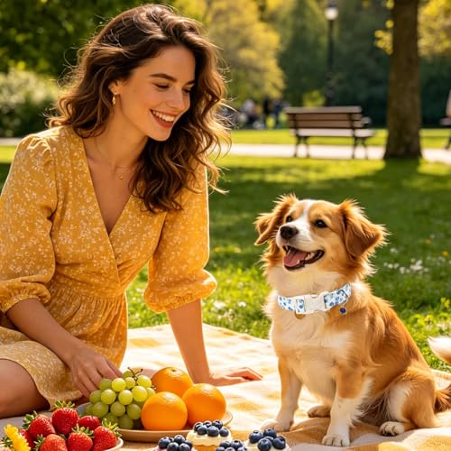 Image of Blueberry Dog Collar, Summer Spring Cotton Dog Collar, Cute Fruit Pattern Adjustable Light Blue Pet Collar, Lightweight Durable Quick Release Buckle with Charm for Male Female Dogs