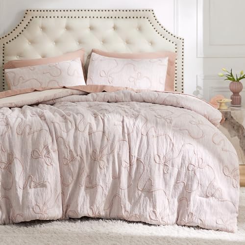 Bedsure Queen Comforter Set, Pink Boho Tufted Bed Set, 3D Puffy Jacquard Bedding Queen Size, 3...