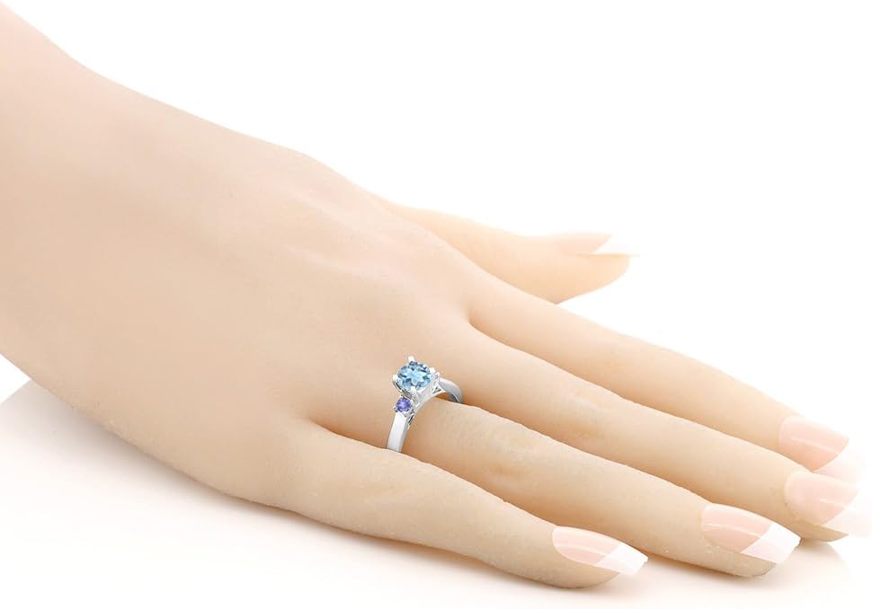 Gem Stone King 0.99 Cttw Sky Blue Aquamarine and Blue Tanzanite 3-Stone Engagement Ring For Women | 925 Sterling Silver | Round 6MM | 3 Stone Wedding Engagement Anniversary Ring For Women