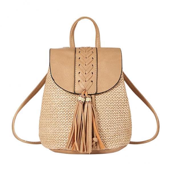 4xWomen Small Straw Woven Backpack Shoulder Bag Travel Beach Daypack Khaki-image-0