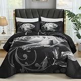Xruibed Black Quilt Set Queen Size, 3 Pieces Rose Floral Quilt Set Botanical...