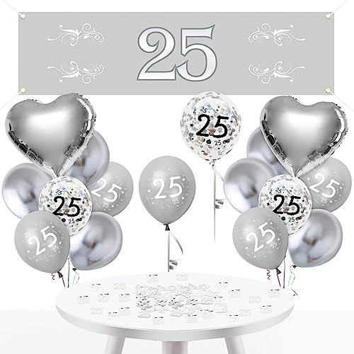 Bluelves Decoración de bodas de plata, 25 aniversario de bodas de plata, juego de decoración de bodas de plata, pancarta de fondo largo para bodas de plata del 25.º aniversario