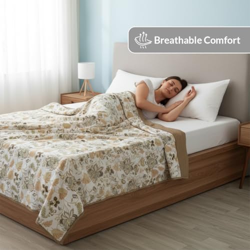 Image of HOMEMONDE 100% Cotton Reversible Dohar Double Bed Size | 300 TC AC Blanket Comforter | Soft Lightweight Bed Blanket Quilt (84 X 94 Inch, White & Dark Camel, Pack of 1)