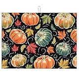 Large Dish Drying Mat for Kitchen Counter,Watercolor Pumpkins Maple Leaves Dish Drying Mat,Fall Autumn Harvest Dish Drainer Mat Drying Pad,Super Absorbent Reversible Microfiber 18'X24