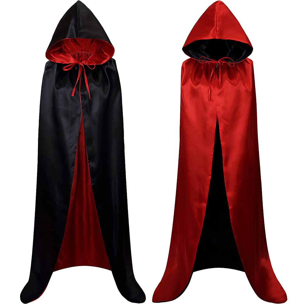 Black Hooded Cape for Vampire Costume, Medieval Cape for Women for Halloween, Reversible Cape in Black, Red, Green, Purple, Blue, Witch Costume, 140 cm (Red/Black)