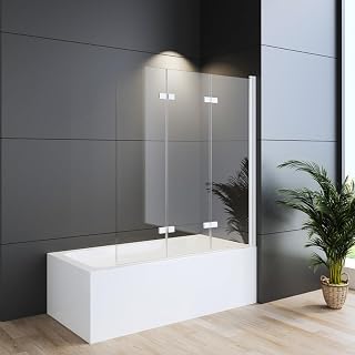 130x140cm Duschwand für Badewanne 3-teilig faltbar, Weiß Duschabtrennung Duschtrennwand aus 6mm ESG Sicherheitsglas mit NANO Beschichtung, Glas Badewannenaufsatz