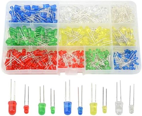 BGTXINGI 500PCS 10 Values 5 Colors 3mm and 5mm LED Light Emitting Diodes Assorted Kit Electrical Components for Lighting Bulbs and Lamps(Red Yellow Blue Green White)