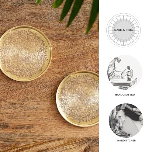 Image of ExclusiveLane 'Mandala Design' Hand-Etched Pure Brass Coasters for Cups Tea Coasters for Glasses Dining Table Coaster for Hot Pots Tableware (Set of 2, Golden)