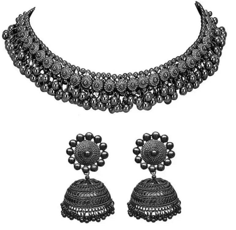 Buy Zukhruf Black Metal Beads Choker Necklace with Jhumka Earring Set