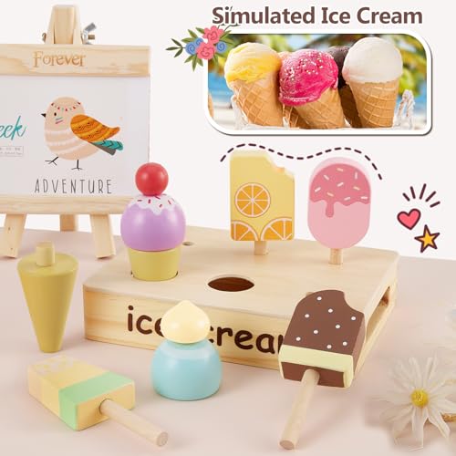 HERSITY Eiscreme Spielzeug Eisdiele Kinder Holz, EIS am Stiel Spielzeug Kaufladen Zubehör Spielküche Rollenspiele für Kind Mädchen Jungen 3 4 5 Jahren