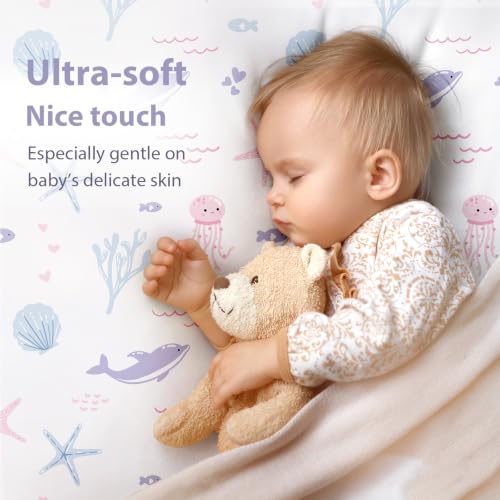 Image of Baby Mini Crib Sheets Girl, Portable 38 inchx26 inch Pack and Play Sheets Fitted for Playard and Pack N Play Mattress, 3-Pack Soft Microfiber Purple Mermaid