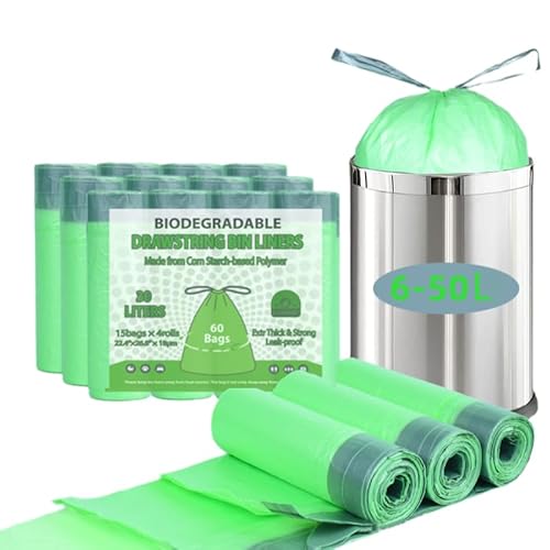 60 Sacs Poubelles Biodégradables 30L avec Liens Coulissants, Sacs pour Composteur 4 Rouleaux 60 Pièces Sacs pour Déchets Alimentaires de Cuisine