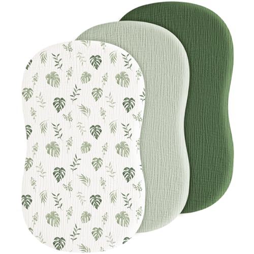 Image of Coreeky Baby Muslin Bassinet Sheets 3 Pack for Boys & Girls, Soft Breathable Cotton Bassinet Mattress Cover, Universal Fit for Hourglass, Oval, and Rectangle Mattress (Leaf Green)
