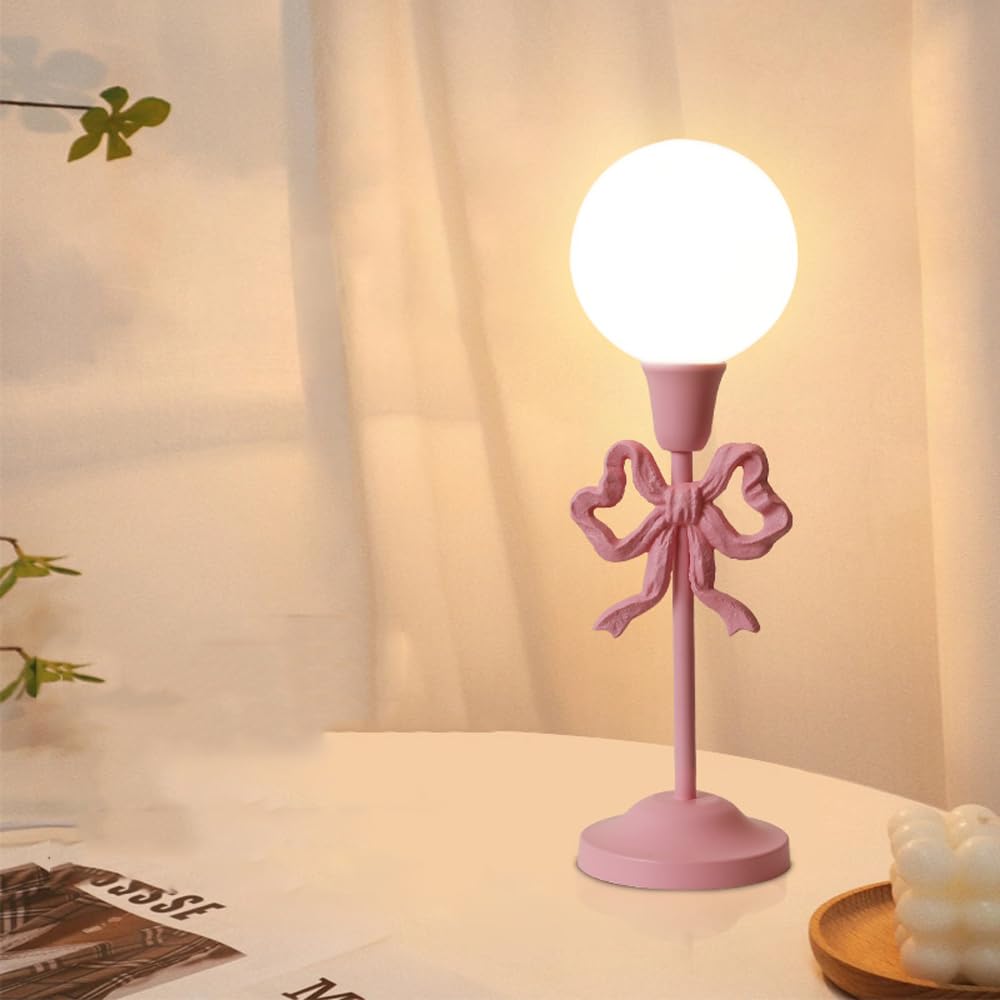 Lampa stołowa Mid Century Różowa kokardka Urocza lampa stołowa Pokój dla dziewcząt Mleczno-biała kula Dziecięca lampka nocna Lampka nocna Vintage Princess End Lampka na biurko dla dzieci Sypialnia