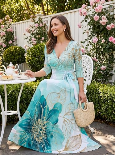 Image of SUZONANA Plus Size Dresses for Women Floral Print Maxi Dress Flowy 3 /4 Sleeve with Belt