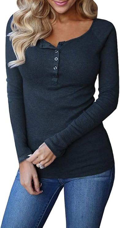Remikstyt Womens Long Sleeve Henley Shirts Ribbed Button Down Casual Tunic Tops