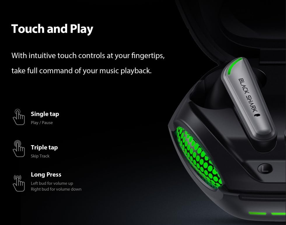 Diagram showing touch controls: Single tap for Play/Pause, Triple tap for Skip Track, Long Press Left bud for Volume Up, Long Press Right bud for Volume Down.