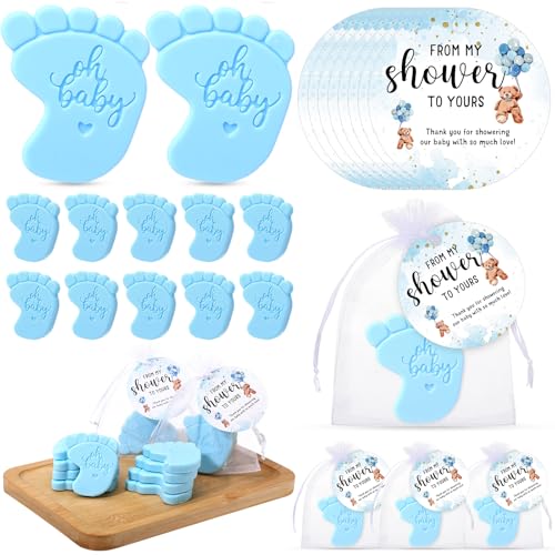 Image of 25 Sets Baby Shower Soap Favors for Guests Girl Boy Mini Footprint Handmade Scented Soaps with Thank You Tags and Organza Bags for Shower Gender Reveal Party Favors(Blue)