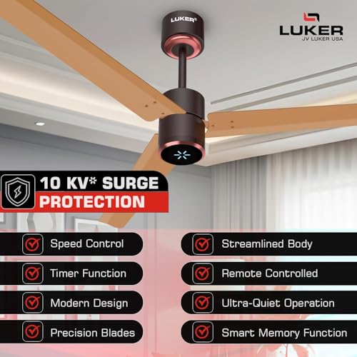 Image of LUKER JVLuker USA 1200mm BLDC Ceiling Fan with IR Remote BEE 5 Star 65% Energy Saving High Air Delivery Low Noise LED Indicator Reverse Mode for Living (Oak Brown Copper, Aerozen Prime)